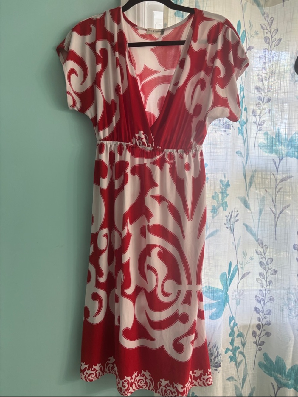 Jon & Anna Red and White Gathered Waist V-Neck Midi Dress